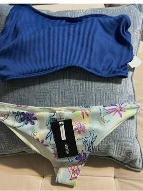 Weekday Blue Ribbed Bikini Top with Mint Floral Bottom